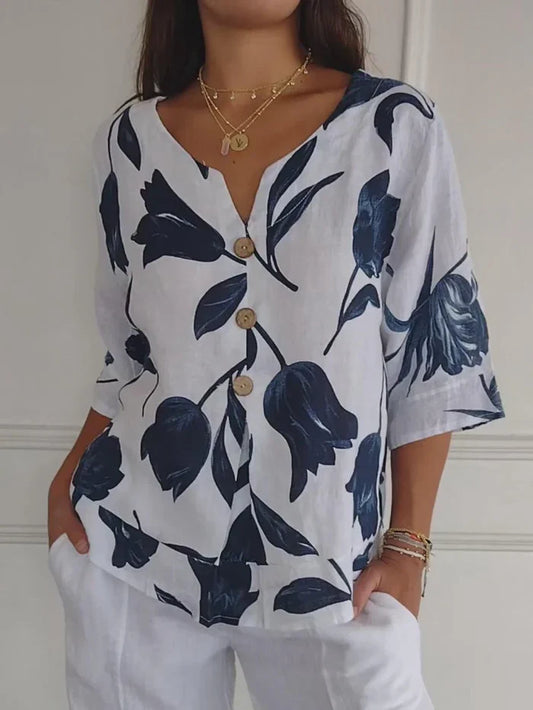 Solarae – Stilvolle Leinenbluse mit Blumenmuster und Knopfleiste