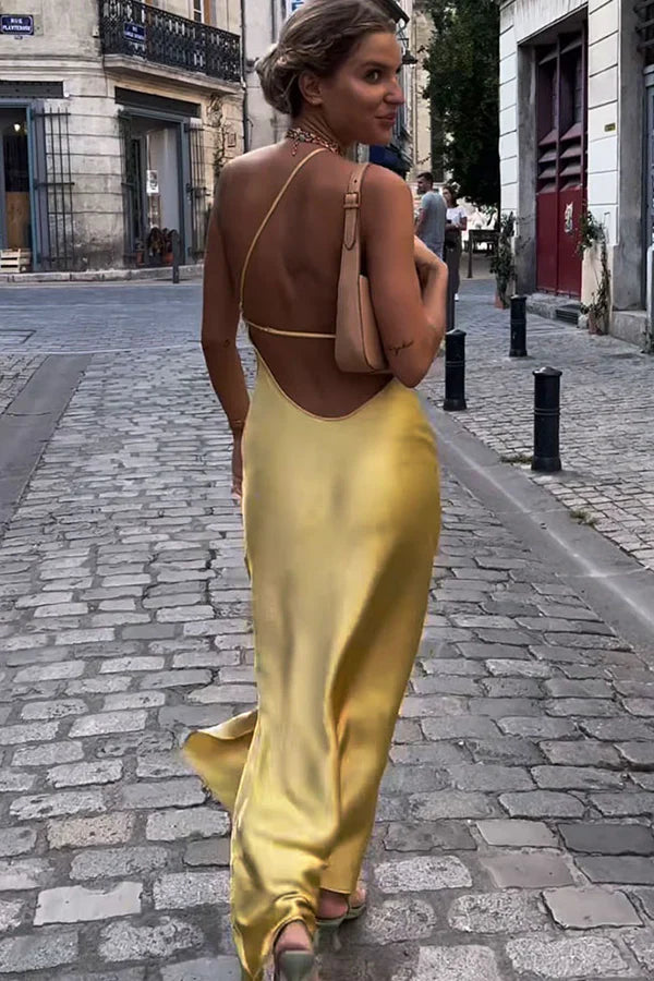 Auralin – Elegantes, rückenfreies Maxikleid aus Satin mit One-Shoulder-Träger