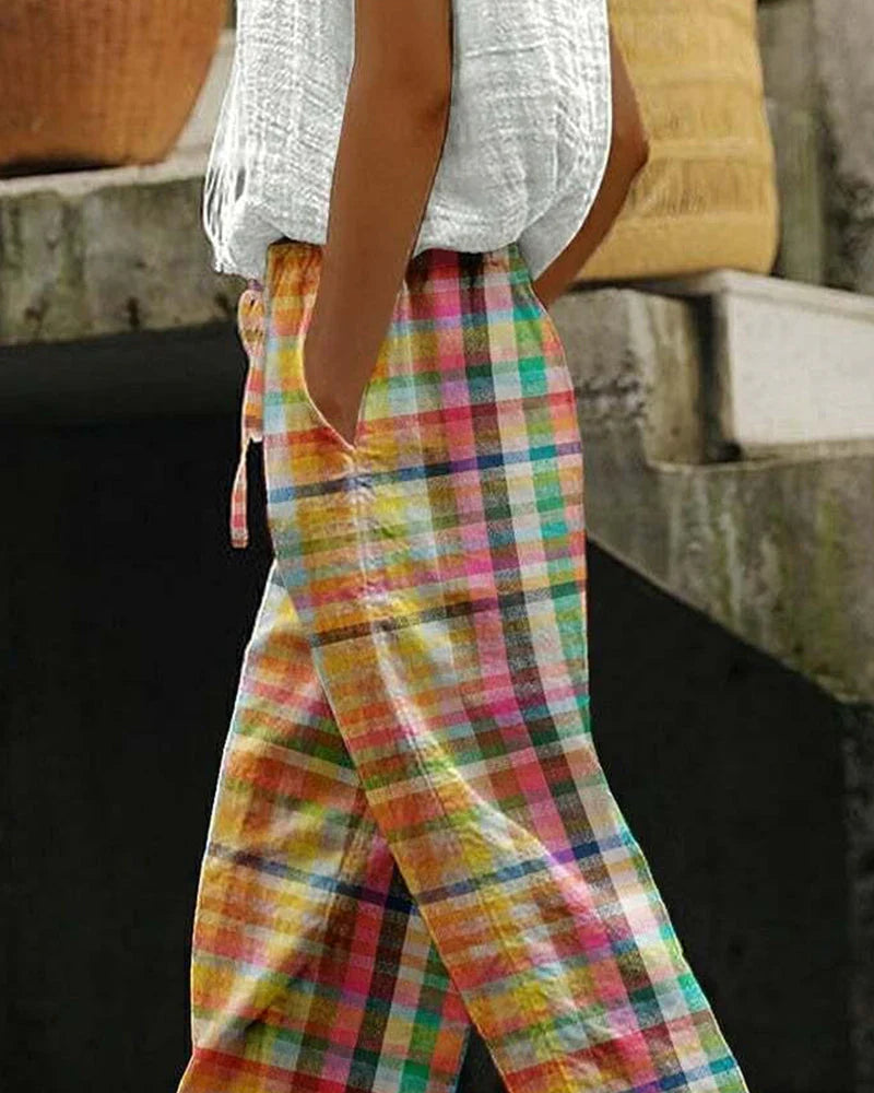 Gerlyn – Bunte karierte Leinenhose mit Kordelzug für Damen