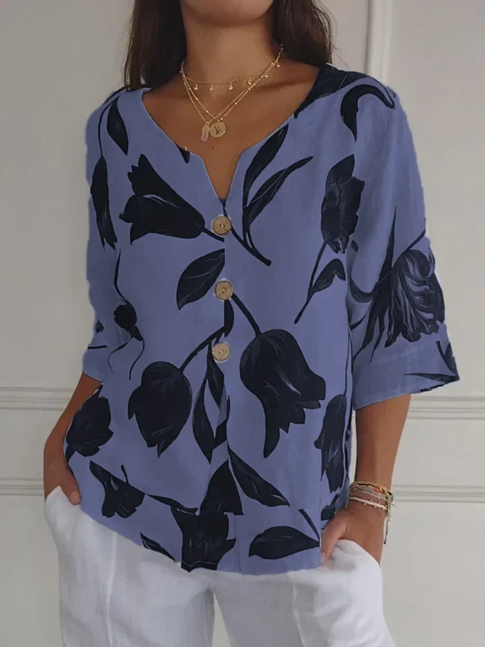 Solarae – Stilvolle Leinenbluse mit Blumenmuster und Knopfleiste