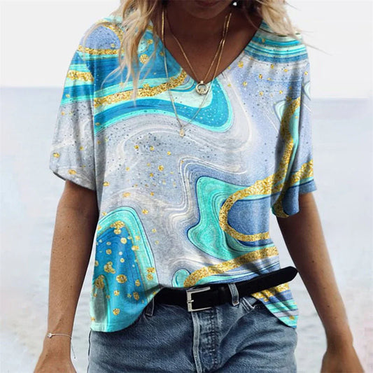 Marlisse – Stylisches T-Shirt mit abstraktem Marmor-Print und V-Ausschnitt