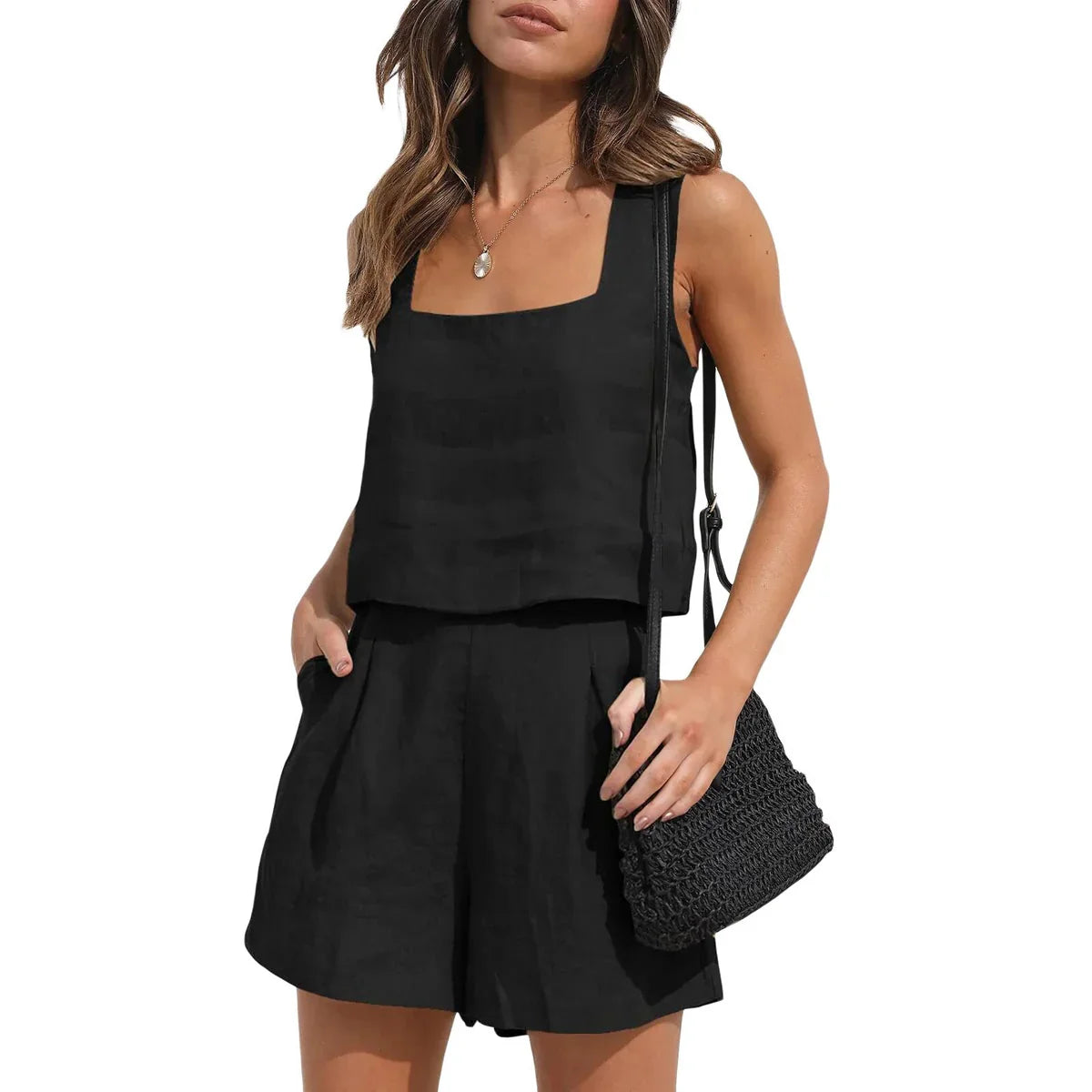 Vionette – Leinen-Mix-Set mit eckigem Ausschnitt und Shorts
