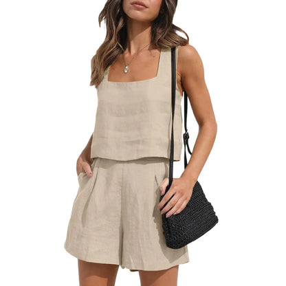 Vionette – Leinen-Mix-Set mit eckigem Ausschnitt und Shorts