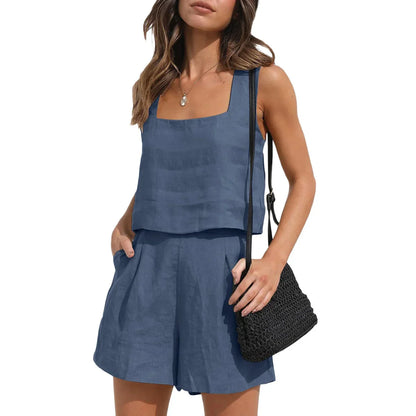 Vionette – Leinen-Mix-Set mit eckigem Ausschnitt und Shorts