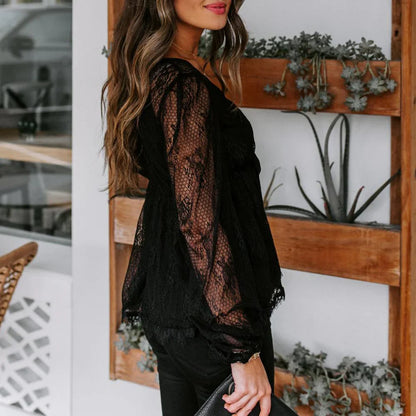 Viondra – Elegante Bluse mit transparenter Spitze und Bindeband