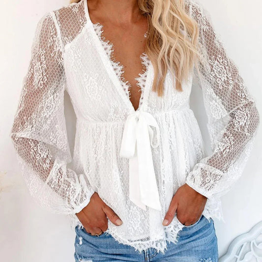 Viondra – Elegante Bluse mit transparenter Spitze und Bindeband