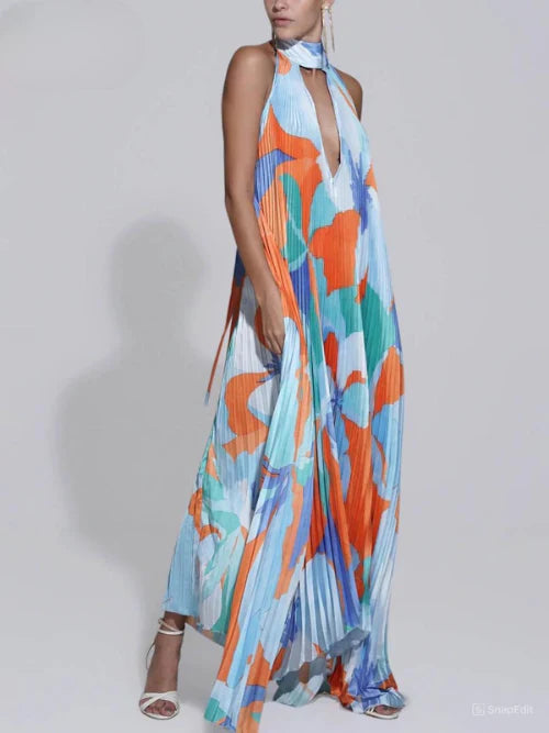 Mirelda – Neckholder-Maxikleid mit abstraktem Print und Plissee