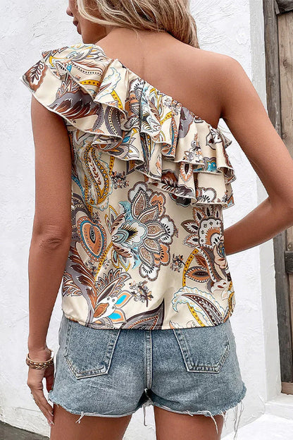 Anoukia – Stilvolles One-Shoulder-Top mit Rüschen und Blumenmuster
