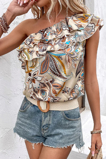 Anoukia – Stilvolles One-Shoulder-Top mit Rüschen und Blumenmuster